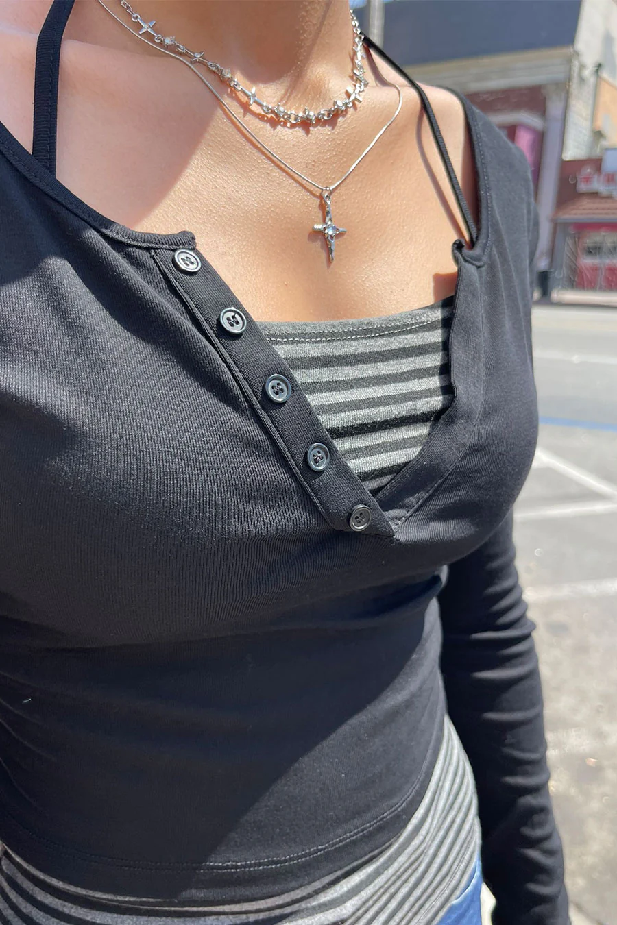 Y2K Button-Front Henley Long Sleeve Top & Stripped Halter Cami Top 2pc Set - Image 3