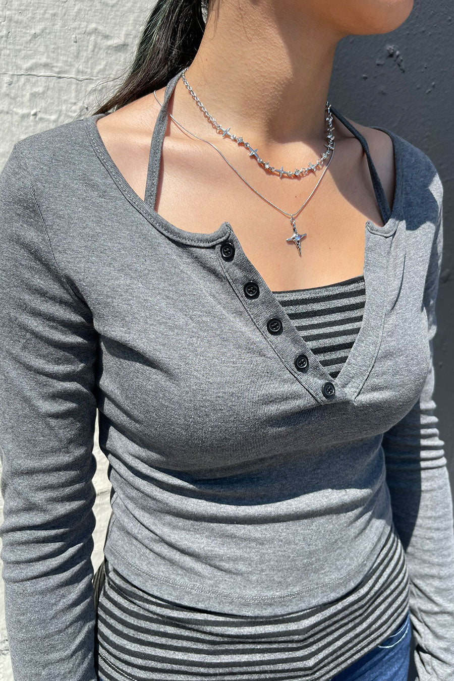 Y2K Button-Front Henley Long Sleeve Top & Stripped Halter Cami Top 2pc Set - Image 6