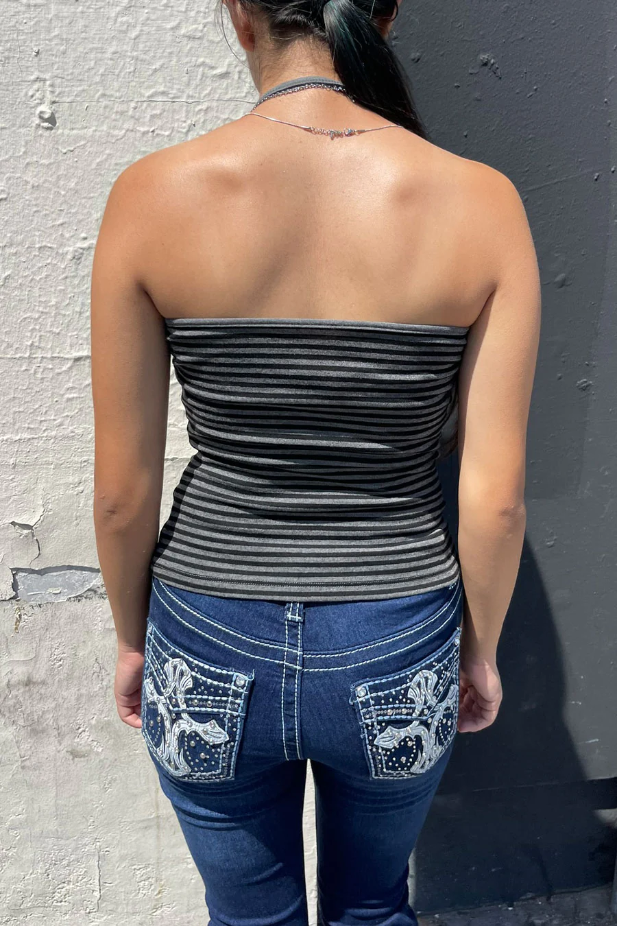 Y2K Button-Front Henley Long Sleeve Top & Stripped Halter Cami Top 2pc Set - Image 9