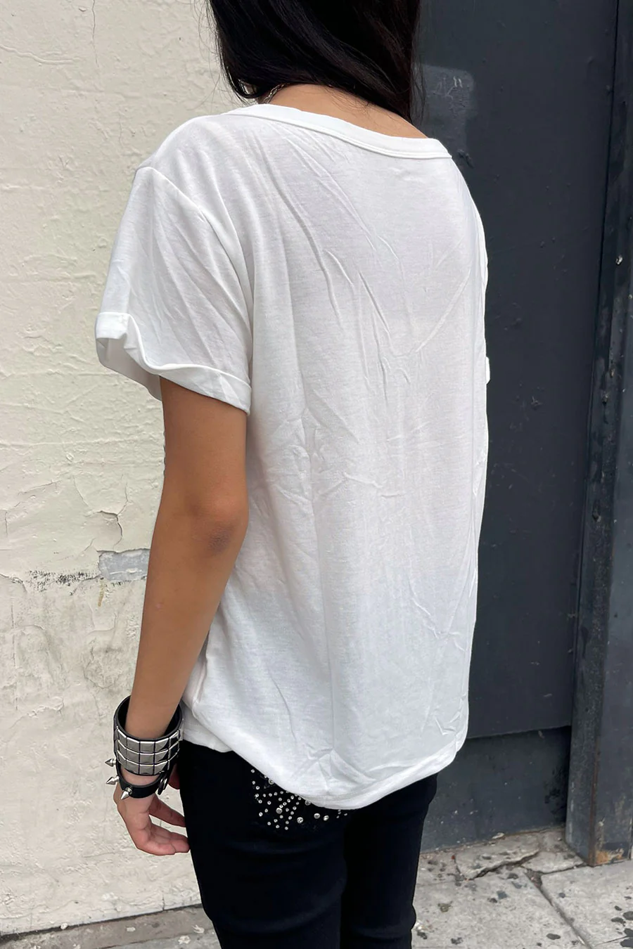 Y2K Grunge Metal Stud Cross Print Wide V-Neck Short Sleeve Oversized T-Shirt - Image 6