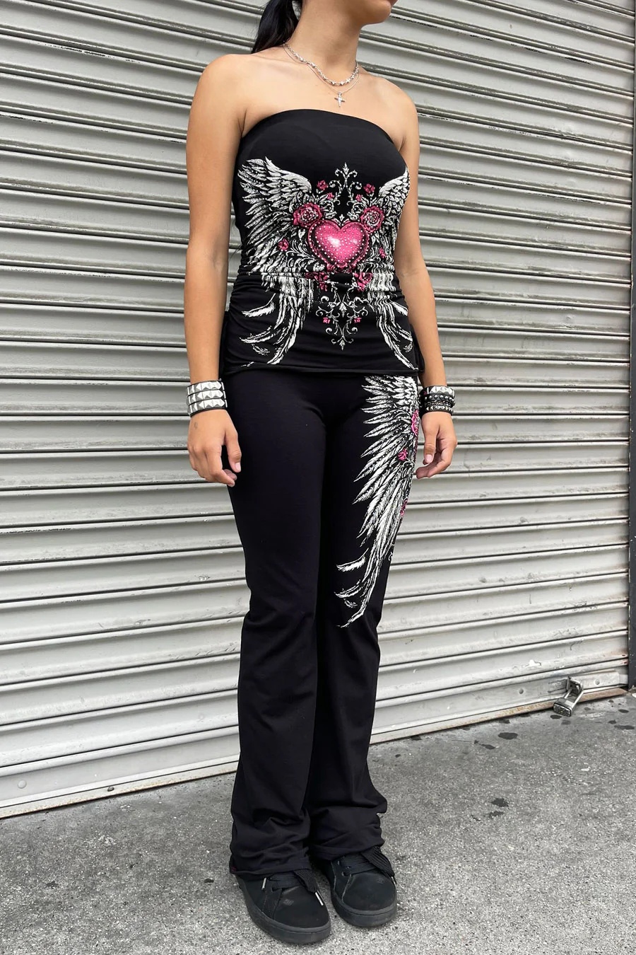 Y2K McBling Pink Heart, Rose & Wing Graphic Rhinestone Print Fold-Over Flare Pants - Image 13