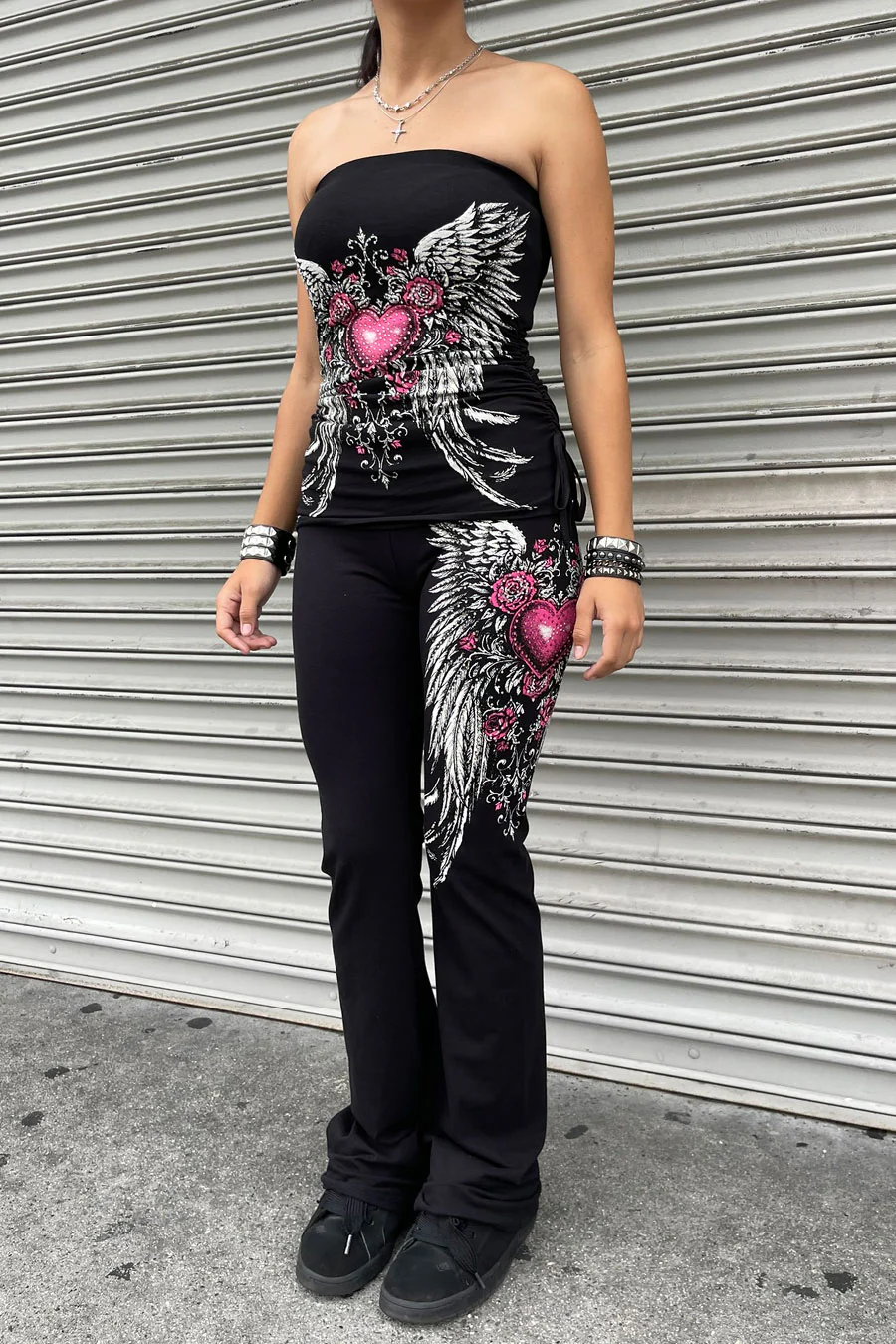 Y2K McBling Pink Heart, Rose & Wing RhineStone Print Side Shirred Tube Top Black - Image 6