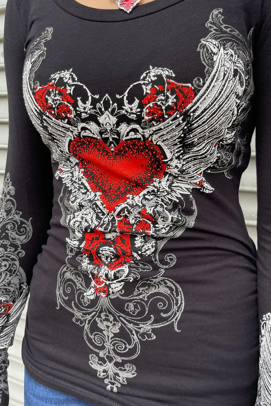Y2K McBling Red Heart Graphic Rhinestone Print Side Shirred Long Sleeve T-Shirt - Image 2