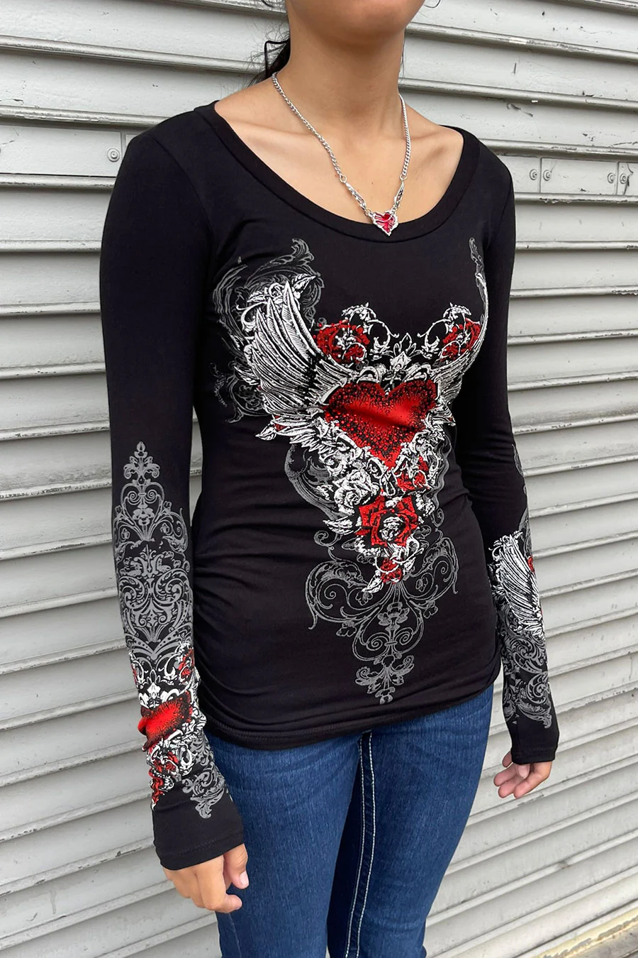 Y2K McBling Red Heart Graphic Rhinestone Print Side Shirred Long Sleeve T-Shirt - Image 4