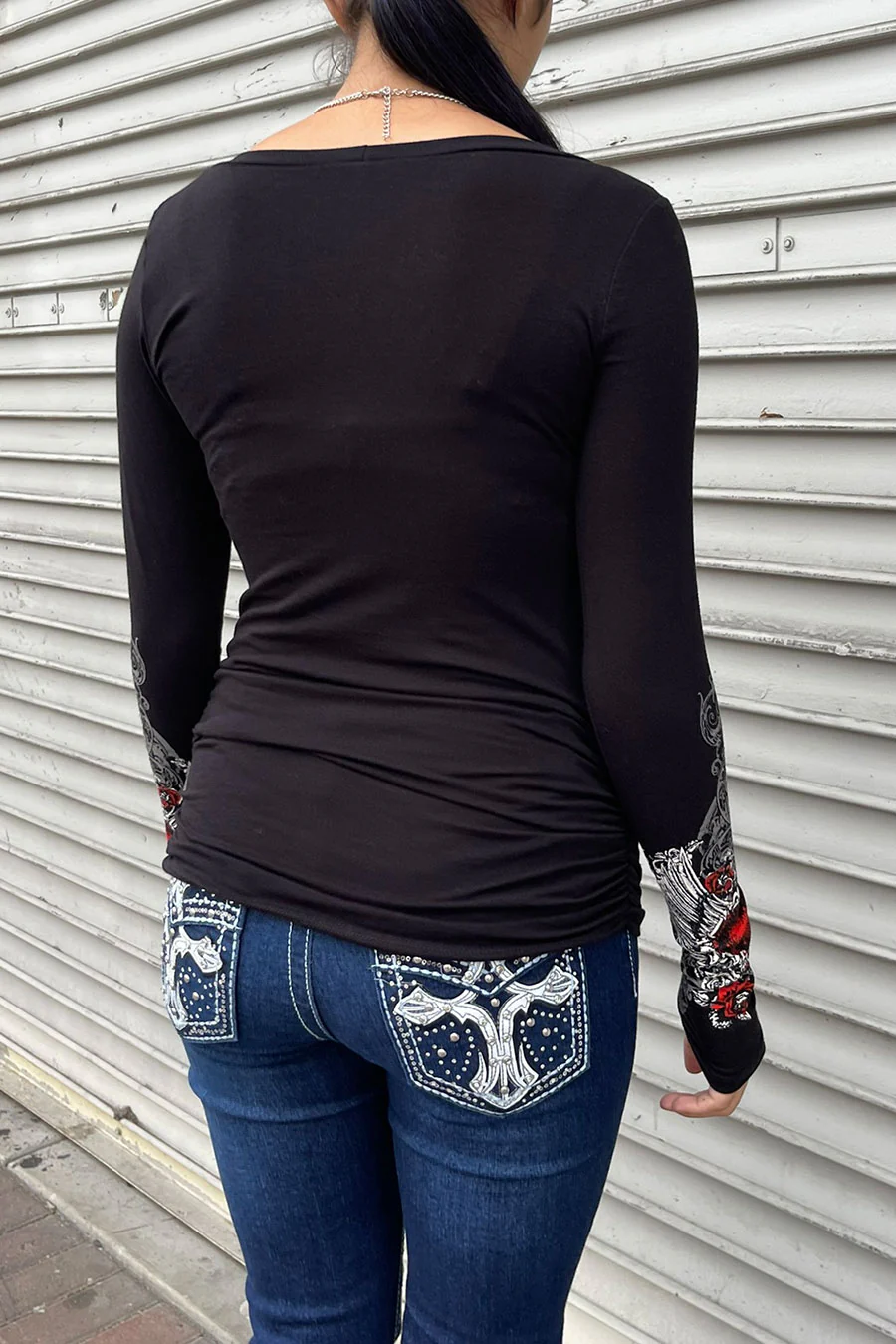 Y2K McBling Red Heart Graphic Rhinestone Print Side Shirred Long Sleeve T-Shirt - Image 5