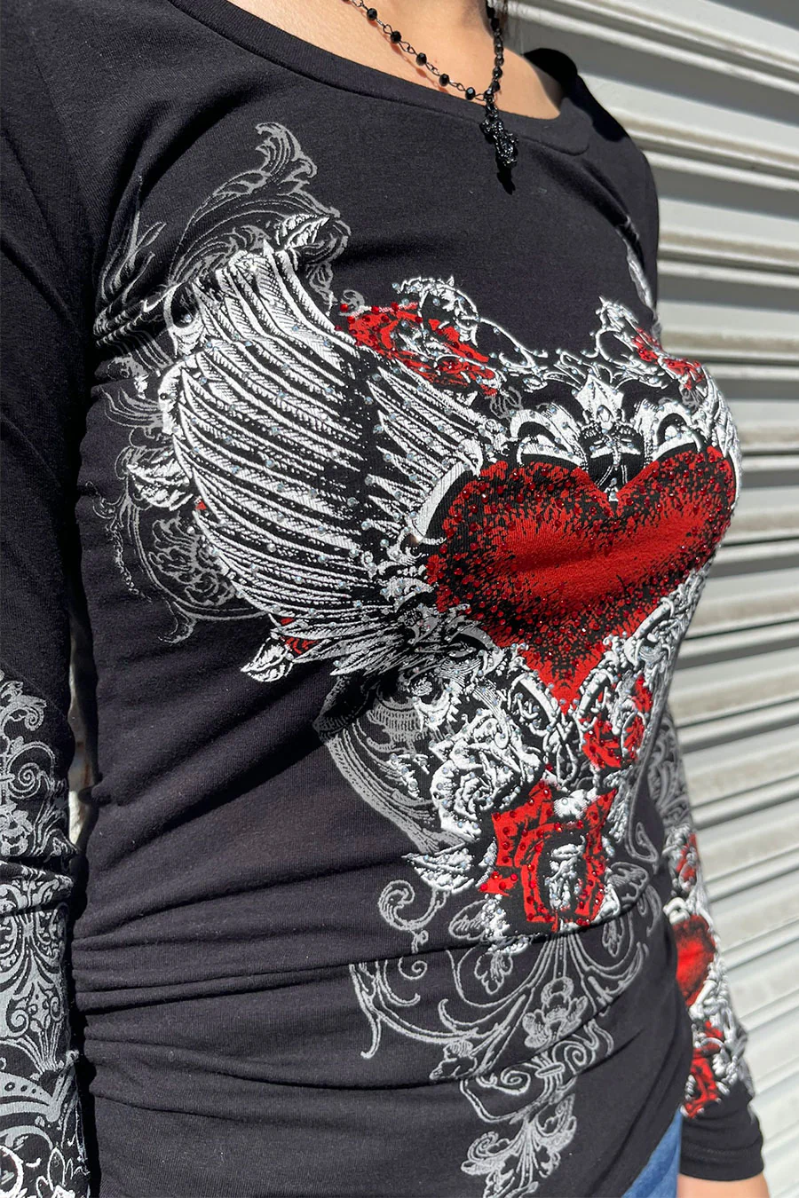 Y2K McBling Red Heart Graphic Rhinestone Print Side Shirred Long Sleeve T-Shirt - Image 7