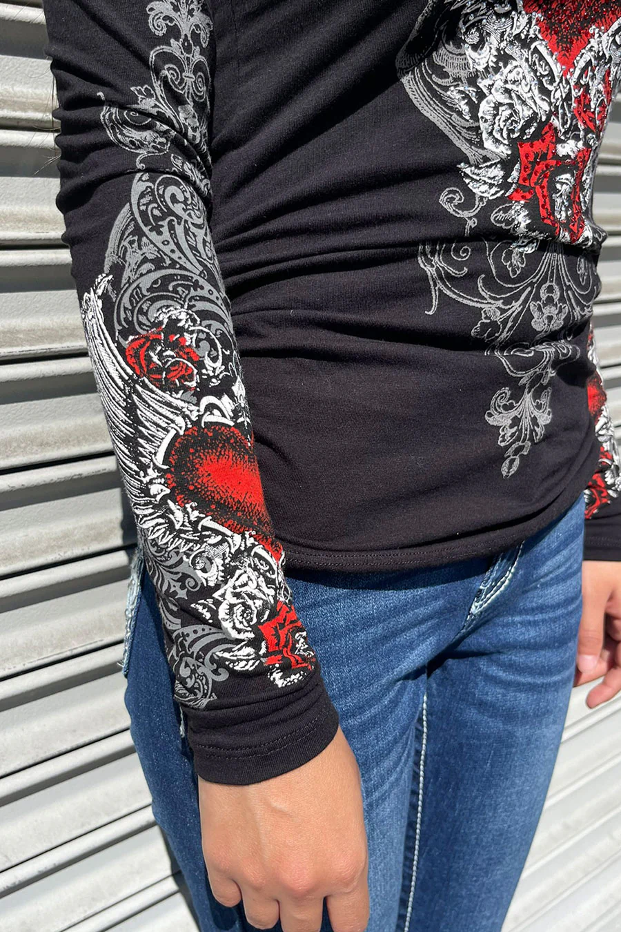Y2K McBling Red Heart Graphic Rhinestone Print Side Shirred Long Sleeve T-Shirt - Image 8