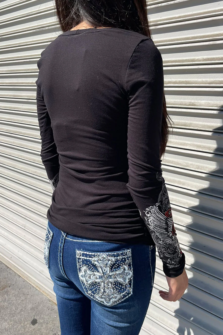 Y2K McBling Red Heart Graphic Rhinestone Print Side Shirred Long Sleeve T-Shirt - Image 9