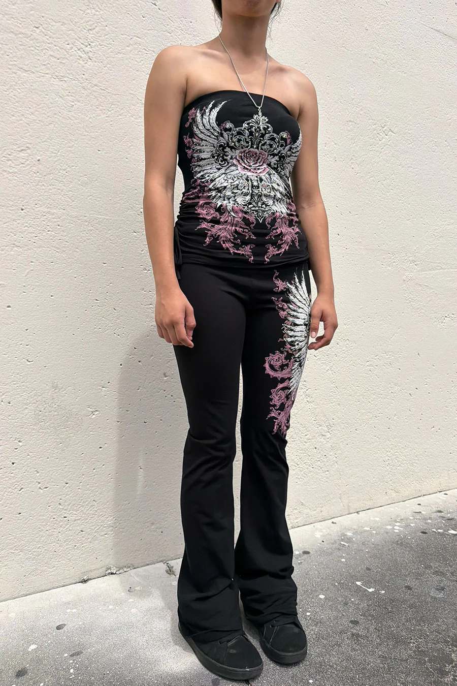 Y2K McBling Soft Pink Rose & Wing RhineStone Print Side Shirred Tube Top Black - Image 9