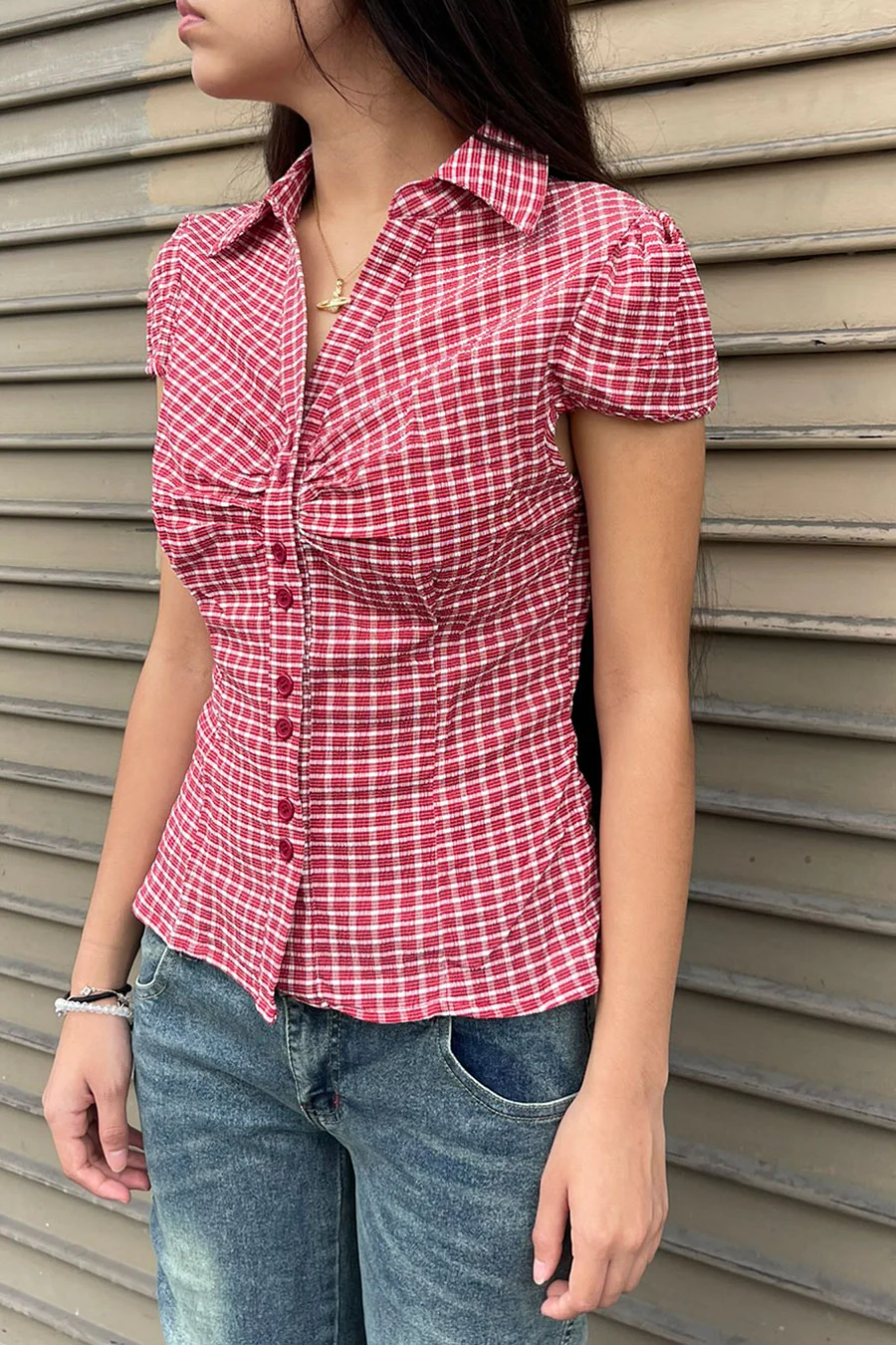 Y2K Red Gingham Checkered Puff Sleeve Fitted Shirt - Image 3