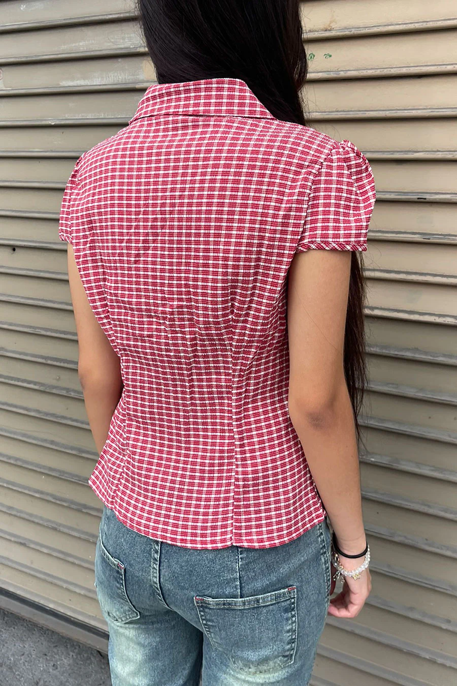 Y2K Red Gingham Checkered Puff Sleeve Fitted Shirt - Image 5