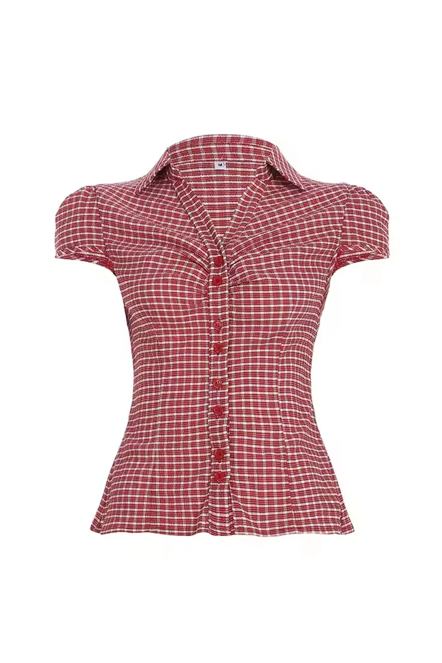 Y2K Red Gingham Checkered Puff Sleeve Fitted Shirt - Image 6