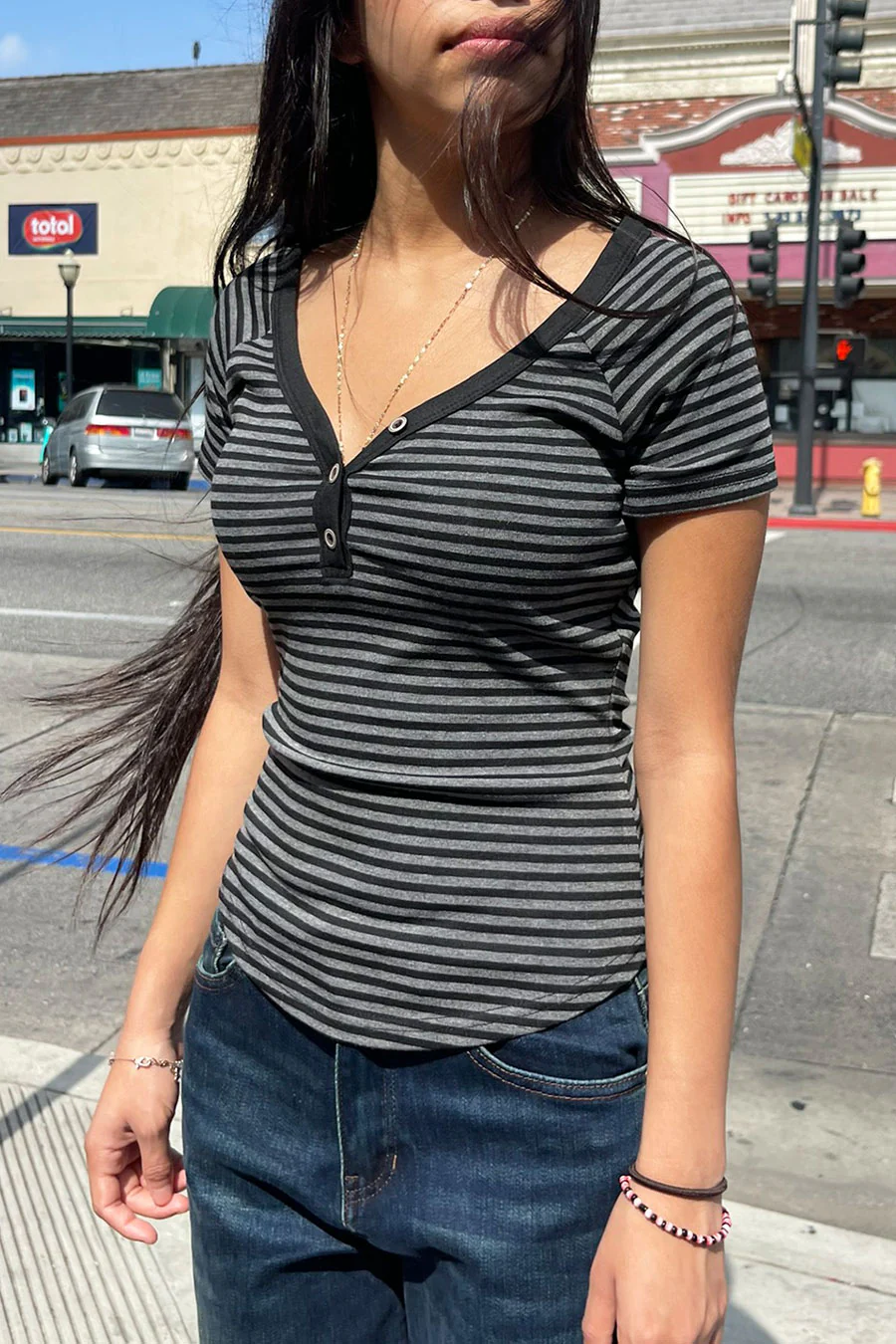 Y2K V-Neck Button-Front Raglan Striped Short Sleeve Shirt - Image 2