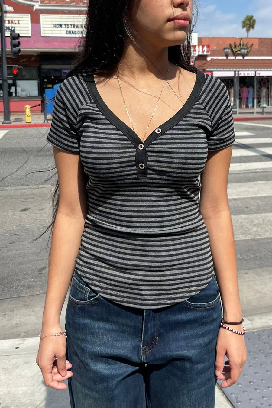 Y2K V-Neck Button-Front Raglan Striped Short Sleeve Shirt - Image 3