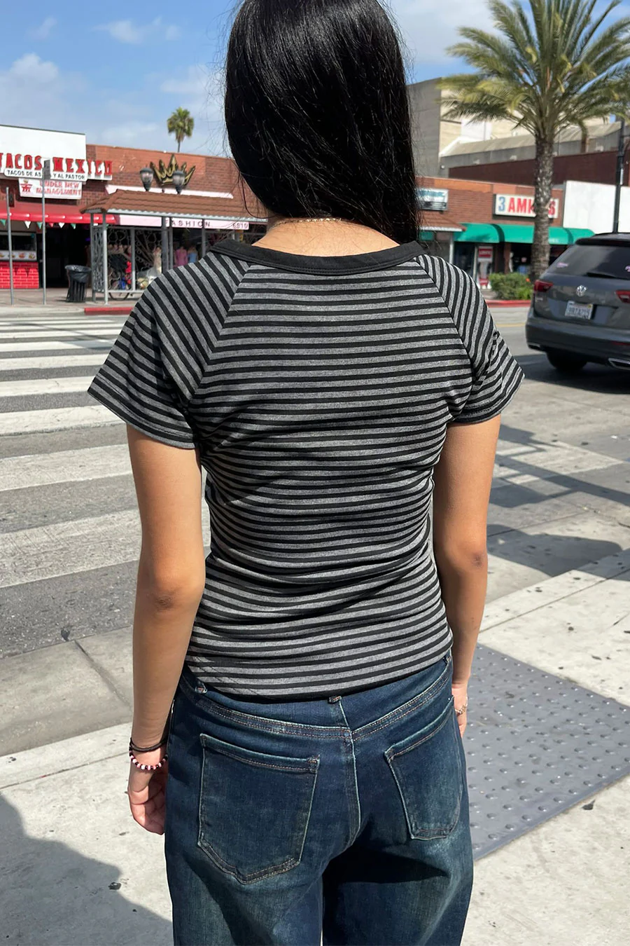 Y2K V-Neck Button-Front Raglan Striped Short Sleeve Shirt - Image 4