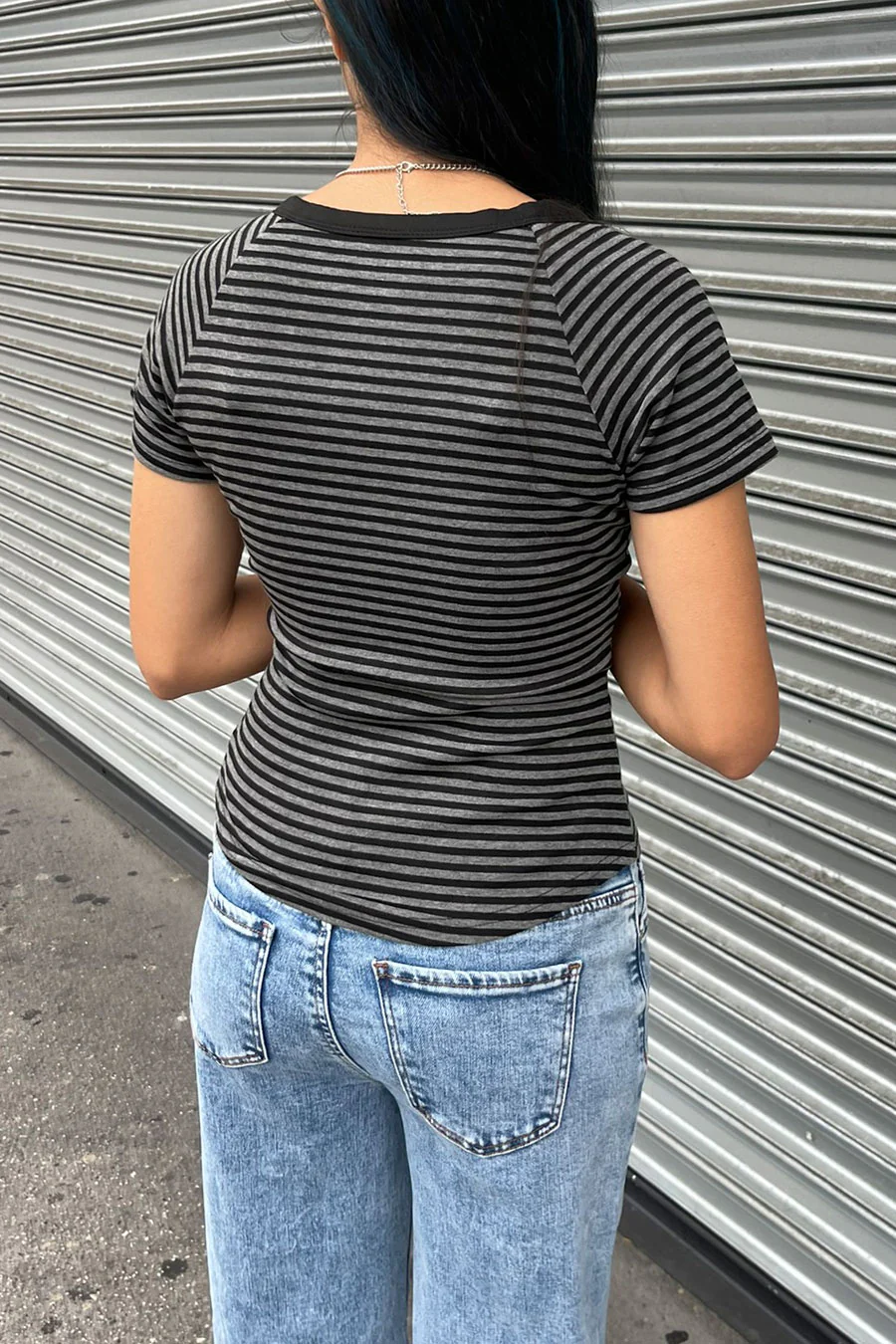 Y2K V-Neck Button-Front Raglan Striped Short Sleeve Shirt - Image 6