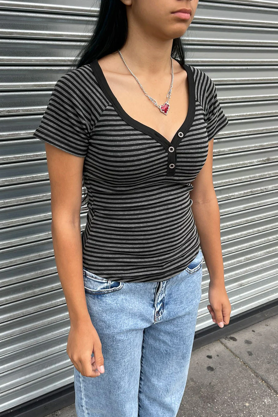 Y2K V-Neck Button-Front Raglan Striped Short Sleeve Shirt - Image 7