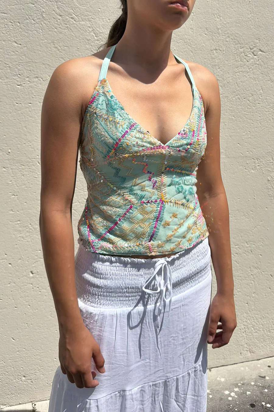 Y2K Vintage Boho Style Sequin V-Neck Top with Tie Back - Image 3