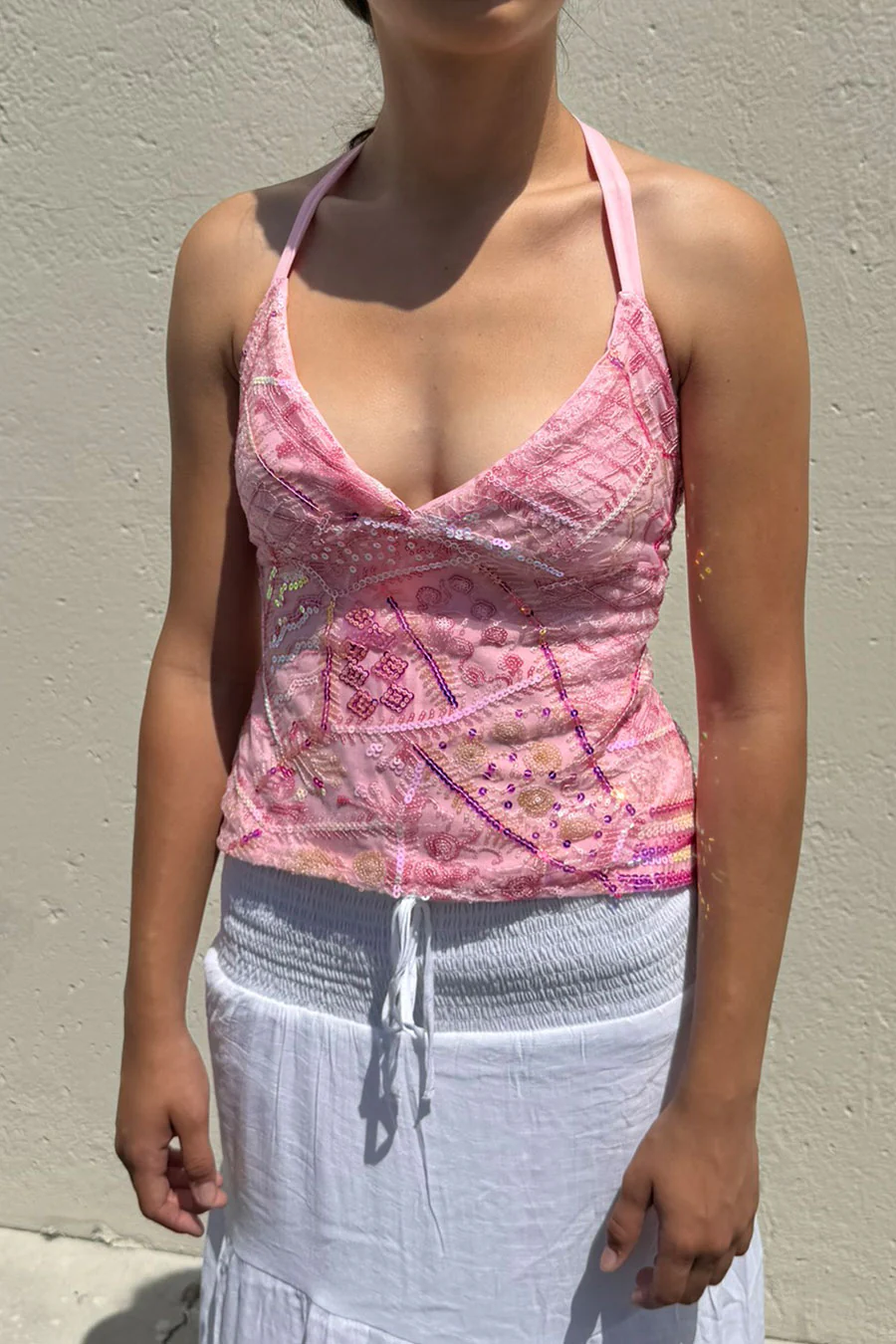 Y2K Vintage Boho Style Sequin V-Neck Top with Tie Back - Image 7